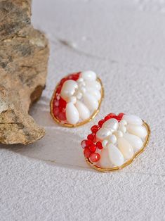 Crystal Natural Shell Pearls Handmade Red Geometric Stud Earrings | LABONNI Handmade Pearl Shell-shaped Earrings, Handmade Pearl Earrings In Shell Shape, Elegant Shell-shaped Clip-on Earrings For Gift, Handmade Red Pearl Jewelry, Red Drop Pearl Earrings For Gift, Red Pearl Earrings For Party, Shell-shaped Clip-on Earrings For Gift, Shell-shaped Pearl Earrings Gift, Pearl Shell-shaped Earrings As Gift