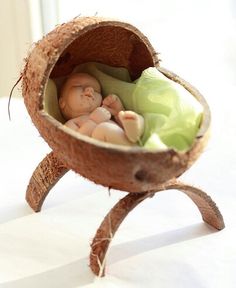 a small baby doll in a coconut shell