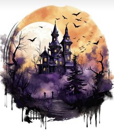 a spooky castle with bats flying over it