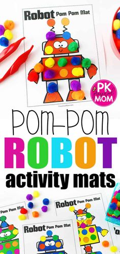 a robot activity mat with pom poms on it and the text pom pom robot activity mats