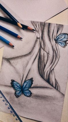 a pencil drawing of a woman's face with two butterflies on her shoulder and the other half of her body