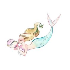 a watercolor drawing of a mermaid with long blonde hair and a pink bow on her tail