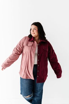 Features Collar Long sleeves Front buttons Breast pockets with buttons Corduroy Colorblock Shirt Size + Fit Small 0-4, Medium 4-8, Large 8-12, X-Large 12-16, 1X 14-18, 2X 16-20, 3X 20-24 Kristin is 5'4", a size 1 and is wearing a Small Jaycie is 5'6", a size 18 and is wearing a 2X Runs true to size Winter Corduroy Collar Button-up Top, Corduroy Button-up Shacket With Buttons, Winter Corduroy Button-up Shacket, Corduroy Button-up Outerwear With Buttoned Pockets, Single-breasted Corduroy Outerwear With Long Sleeves