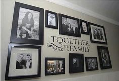 a family wall with pictures on it and the words together make a family written in black