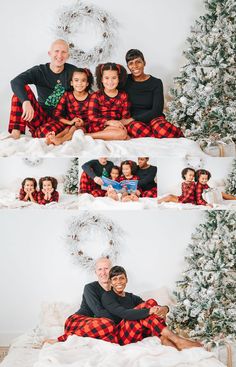 a family poses in matching pajamas for their christmas photos