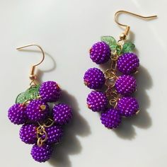 Purple Grape Beaded Earrings, Sparkly Soft Green Accents, Lightweight And Comfortable, Hypoallergenic Post Purple Dangling Beads Jewelry For Party, Purple Dangling Beads Earrings For Party, Purple Dangling Beads Party Earrings, Purple Beaded Earrings For Party, Purple Beaded Dangle Earrings, Purple Dangle Beaded Earrings, Purple Drop Earrings With Colorful Beads, Purple Dangling Bead Earrings, Purple Dangling Beads Earrings