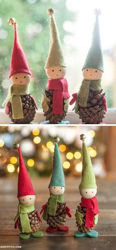 three little gnomes sitting on top of a window sill next to pine cones