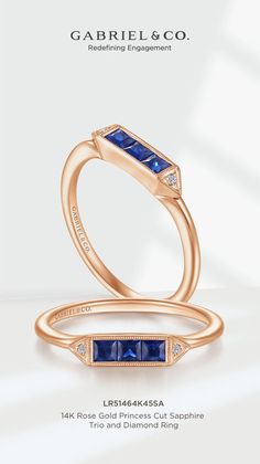 This sapphire bar rings proves the old adage that good things come in threes. A vibrant trio of princess cut blue sapphires are aligned horizontally, flanked by two petite diamonds lending 0.01cts of sparkle. Fashioned in 14K rose gold, this Gaby ring is perfect for symbolizing loved ones with September birthdays. LR51464K45SA #DiamondRing #RoseGoldRing #SapphireTrioRing #PrincessCutSapphireRing #SapphireRing #PrincessCutRing #FashionJewelry Princess Cut Sapphire Ring, Bar Rings, Rose Gold Princess, Womens Rings, Trio Ring, Princess Cut Gold, Designer Rings, Bar Ring, Princess Cut Rings