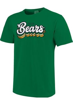 Let everyone know who you root for in this Baylor Bears Green Retro Stack Script Short Sleeve T-Shirt! This Baylor Short Sleeve Tee features a center chest screen print team name in multicolor stacked script font. Comfort Colors brand, 100% ring spun cotton, Soft hand, washed garment dyed fabric, Double needle collar, armhole, sleeve and bottom hems, Twill taped neck and shoulders, Twill joker label, Unisex fit, Screen print, 100% Cotton, Imported Green Crew Neck Top With Team Logo, Collegiate Green Tops With Team Logo, Collegiate Green Top With Team Logo, Green Short Sleeve Top With Team Logo, Casual Green T-shirt For Fan Gear, Collegiate Green Tops With Logo Print, Collegiate Green Top With Logo Print, Green Top With Team Logo For Fan Gear, Green Tops With Team Logo For Fan Gear