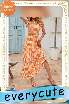 Orange Smocked Bohemia Plaid Print Tiered Maxi Dress Bohemian Smock Dresses For Summer, Casual Square Neck Sundress For Picnic, Bohemian Summer Smocked Dress, Casual Ruched Maxi Dress For Beach Season, Casual Beach Season Dress For Picnic, Summer Smock Sundress Maxi Dress, Bohemian Smocked Dress For Summer, Bohemian Smocked Dress With Smocked Bodice For Summer, Bohemian Smocked Dress With Bodice For Summer