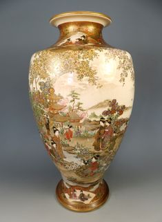 A stunning Japanese Meiji period Satsuma porcelain vase of baluster form, finely hand decorated in colourful enamels and gilded, depicting a busy summer scene by a river with people coming and going. This fabulous vase has at some point been drilled through the signature to be used as a lamp, but the style of decoration and complex border work strongly suggests the hand of Okamoto Ryozan, beside the lamp conversion this imposing vase is in excellent condition standing 14 ½ inches tall. Any quest Satsuma Vase, Asian Vases, Japanese Vase, Summer Scenes, Meiji Period, Japanese Antiques, Porcelain Vase, Asian Style, Hand Decorated