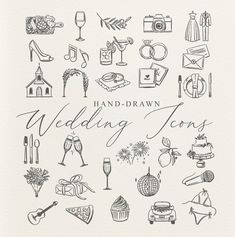 hand - drawn wedding icons are shown in black and white, with the wording below them