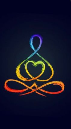 a colorful drawing of a heart in the shape of a yoga symbol on a black background