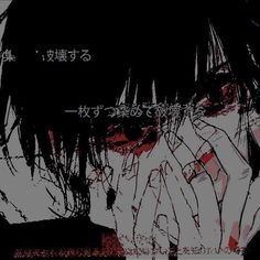 an anime character with red eyes and black hair, holding his hands to his face