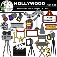 the hollywood clipart set includes movies, clapsticks, movie camera and more