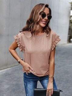 Ruffle Cuff Solid Tee | EMERY ROSE Casual Cap, Trendy Fashion Women, Sleeves Pattern, Women Tops, Cap Sleeve, Pullover Styling, Summer Women, Womens Tees, New Dress