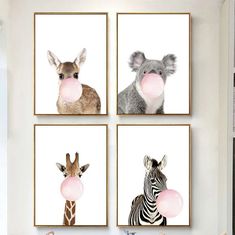 three pictures of animals with bubble gums in their mouths, one zebra and the other giraffe