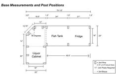 the floor plan for a basement with measurements and post positions