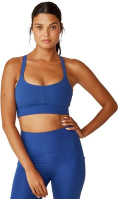 Chase your all at the gym or busy days running around in the women's Beyond Yoga PowerBeyond Strive Longline bra. Quick-dry performance  support and strategic mesh combine take on high-powered cardio. Blue Nylon Activewear With Medium Support, Supportive Blue Sports Bra With Built-in Padding, Blue Nylon Sports Bra For Workout, Blue Go-dry Nylon Sports Bra, Go-dry Blue Nylon Sports Bra, Blue Nylon Sporty Sports Bra, Blue Athletic Fit Nylon Activewear, Sporty Blue Nylon Sports Bra, Blue Medium Support Nylon Sports Bra