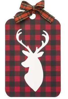 a red and black plaid gift tag with a deer head on it