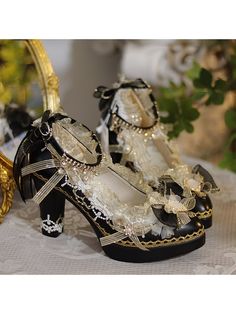 Rhinestone Decorated Black and Gold Tea Party Heel Ankle Strap Gold Tea Party, Princess Heels, High Block Heels, Pink Platform Heels, Wedding High Heels, Gold Tea, Dr Shoes, Chunky Heel Shoes, Party Heels