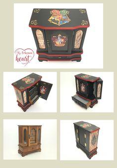 four different types of wooden furniture with harry potter characters on them, including an armoire