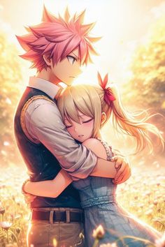 two anime characters hugging each other in front of some grass and flowers with the sun shining behind them