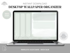 an open laptop computer sitting on top of a desk with the words desktop wallpaper organizer above it