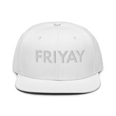 Get ready for the weekend vibes with our FRIYAY Mesh Back Snapback Hat! Crafted for style and comfort, this trendy headwear is perfect for embracing the Friday spirit. Snap it back and let the fun begin! Order yours now and step into the weekend in style! This is the snapback of your dreams! It's structured and high-profile, with a flat visor and a subtle grey under visor. • 85% acrylic, 15% wool • Structured, 6-panel, high-profile • Plastic snap closure • Grey under visor • Head circumference: Trendy Flat Brim Baseball Cap For Everyday, Trendy Everyday Flat Brim Baseball Cap, Trendy Everyday Snapback Hat One Size Fits Most, Trendy Everyday Snapback Hat One Size, Spring Everyday Snapback Hat With Flat Brim, Trendy Fitted Hat With Flat Brim, Trendy Everyday Snapback Hat With Flat Bill, Trendy Everyday Hat With Flat Bill, Trendy Flat Bill Hat For Everyday