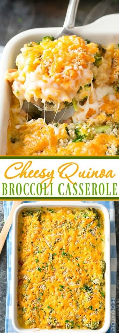 broccoli casserole with cheese being lifted from the casserole dish