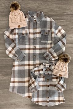 Mom & Me - Gray & Brown Flannel Shacket Matching Baby And Mommy Outfits, Family Fall Outfits, Baby Fall Outfits, Brown Plaid Flannel, Kids Fall Outfits, Brown Flannel, Family Picture Outfits