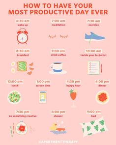 This productivity guide and schedule is the best way to be your most productive self. These tips will lead you to your most productive morning, afternoon and night routine to motivate and keep you focused. #health Resep Diet, Day Schedule, Productive Morning, Breakfast Drink, Healthy Routine, Self Care Activities