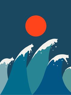 an orange sun is above the ocean waves in this minimalist style poster by person