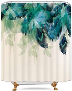 a shower curtain with blue feathers and green leaves on the bottom, in front of a white background