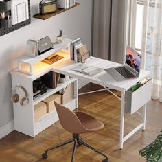 Create the perfect office space to work from home with Bestier white corner desk with storage. This l-shaped gaming desk with an open shelf cabinet fits snuggly in a corner to maximize your home office space. Equipped with an LED light, the l desk white with storage provides perfect illumination and atmosphere for your work or gaming sessions. The open shelf cabinet can be installed on both sides of the teacher desk to provide a perfect home for your binders and books but keep them within easy r Folding Desk Design, Corner Desk With Storage, White Corner Desk, Diy Corner Desk, Gaming Computer Desk, Standing Desk Office, Shelf Cabinet, Studio Desk, Desk With Storage