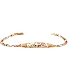 Presenting our enchanting 14k Gold Kids ID Bracelet, adorned with a delicate White Gold Rose Flower on the nameplate and featuring timeless Solid Figaro Style Links. The exquisite Rose Flower on the nameplate adds a touch of grace and beauty standing as a symbol of love, innocence, and the blooming of a precious life.  We believe in the power of personalization. Your child's name is expertly cut from solid 14k Gold and elegantly overlaid on the bracelet, creating a one-of-a-kind accessory. Addit Luxury Engraved Rose Gold Bracelet, Luxury Rose Gold Name Bracelet For Formal Occasions, Luxury Rose Gold Name Bracelet For Formal Events, Elegant Engraved Rose Gold Name Bracelet, Elegant Rose Gold Nameplate Bracelet, Luxury Rose Gold Jewelry With Hallmarks, Elegant Name Bracelet With Hallmark For Anniversary, Elegant Gold Name Bracelet With Hallmark, Engraved 14k Rose Gold Bracelet