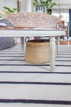 a table with a basket underneath it on top of a rug in a living room