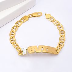 This Personalized Bracelet is available in either 925 Sterling Silver or 14K Gold over Sterling Silver. The length of the chain totals 7". The total length will vary depending on the length of the name entered. You can choose up to 10 letters on the name plate. The size of the name plate may vary depending on the amount of letters. Own yours today. Popular Bracelets, Swarovski Heart, Crown Necklace, Name Earrings, Personalized Bracelet, Diffuser Necklace, Solid Gold Chains, Couple Jewelry, Mothers Necklace