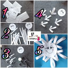 the steps to make a paper snowflake with numbers and faces on it are shown