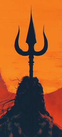 the silhouette of a person with a horned head and long horns on his head, against an orange sky