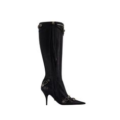 The Cagole H90 booties by Balenciaga showcase a remarkable knee-high design, effortlessly merging elegance and an edgy vibe. Perfect for fashion events or nights out, these striking booties elevate any ensemble. 

- Pointed toe  
- Side zip closure  
- Decorative buckles  
- Leather material  
- Black color Luxury Black Knee-high Heeled Boots, Black Punk Boots For Evening, Designer Boots For Night Out In Fall, Luxury Fitted Boots With Buckle Closure, Edgy Fitted Leather Heeled Boots, Edgy Fitted Formal Boots, Edgy Fitted Boots With Metal Feet, Designer Boots For Winter Night Out, Edgy Fitted Leather Boots