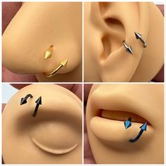 four pictures of different types of piercings on a doll's ear and nose