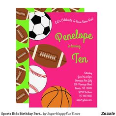 a pink and green birthday party with soccer, basketball, and tennis balls on it