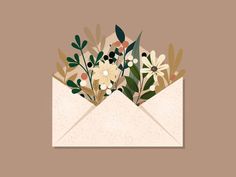 an envelope with flowers and leaves on the inside is shown in this illustration, it appears to be open