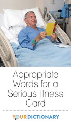 an older man laying in a hospital bed reading a book with the title appropriate words for a serious lineless card