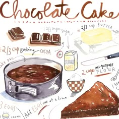 a drawing of chocolate cake and other ingredients