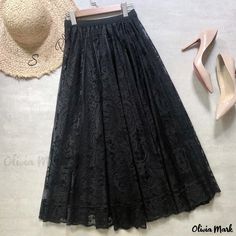 Olivia Mark - Lace High-Waisted Hollow-Out Maxi Skirt with Flowy Hem and Bold A-Line Design