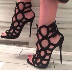 Size Unknown; Fits Like A 7.5/8 Black Suede Gently Used Designer Black Strappy Sandals, Designer Black Strappy Heels, Glamorous Black Strappy Heels, Designer Strappy Sandals For Party, Glamorous Black Strappy Sandals, Caged Shoes, High Heels Classy, Gladiator Sandals Heels, Giuseppe Zanotti Heels