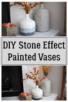 two vases sitting on top of a white shelf next to each other with the words diy stone effect painted vases