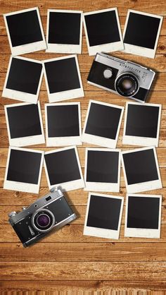 several polaroid frames and an old camera on a wooden table with wood planks